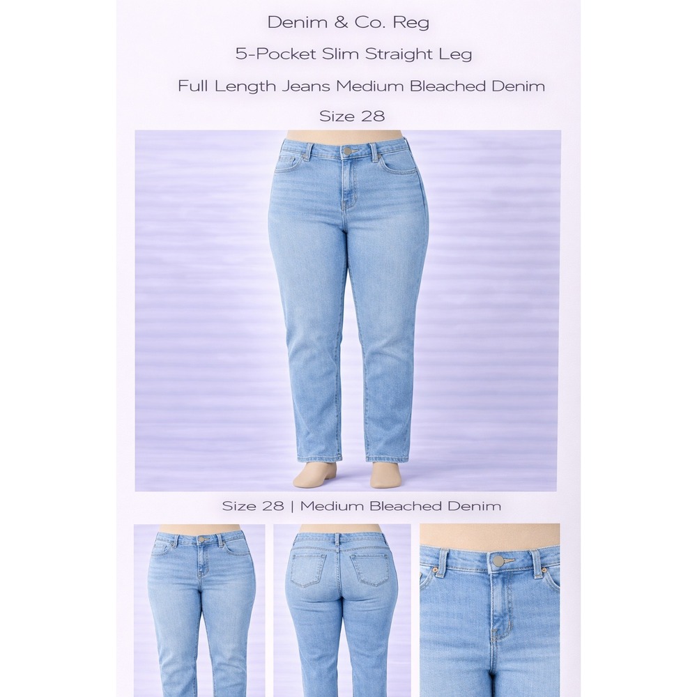 Denim & Co Womens Plus 28W Slim Straight Leg Jeans Med Bleached Denim Wash A2966